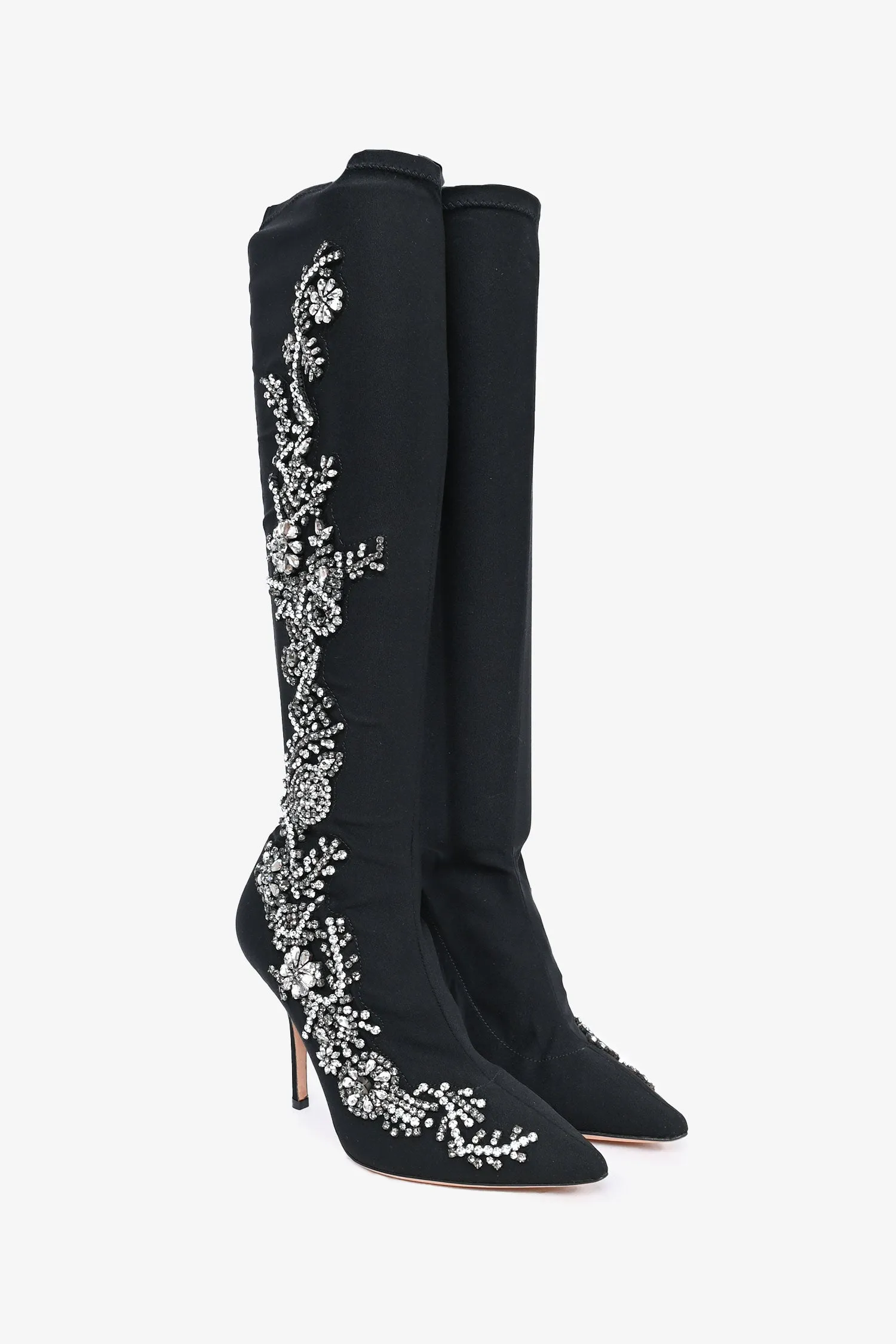 Alberta Ferretti Black Crystal Embellished Stretch Knee High Heeled Boots Size 36