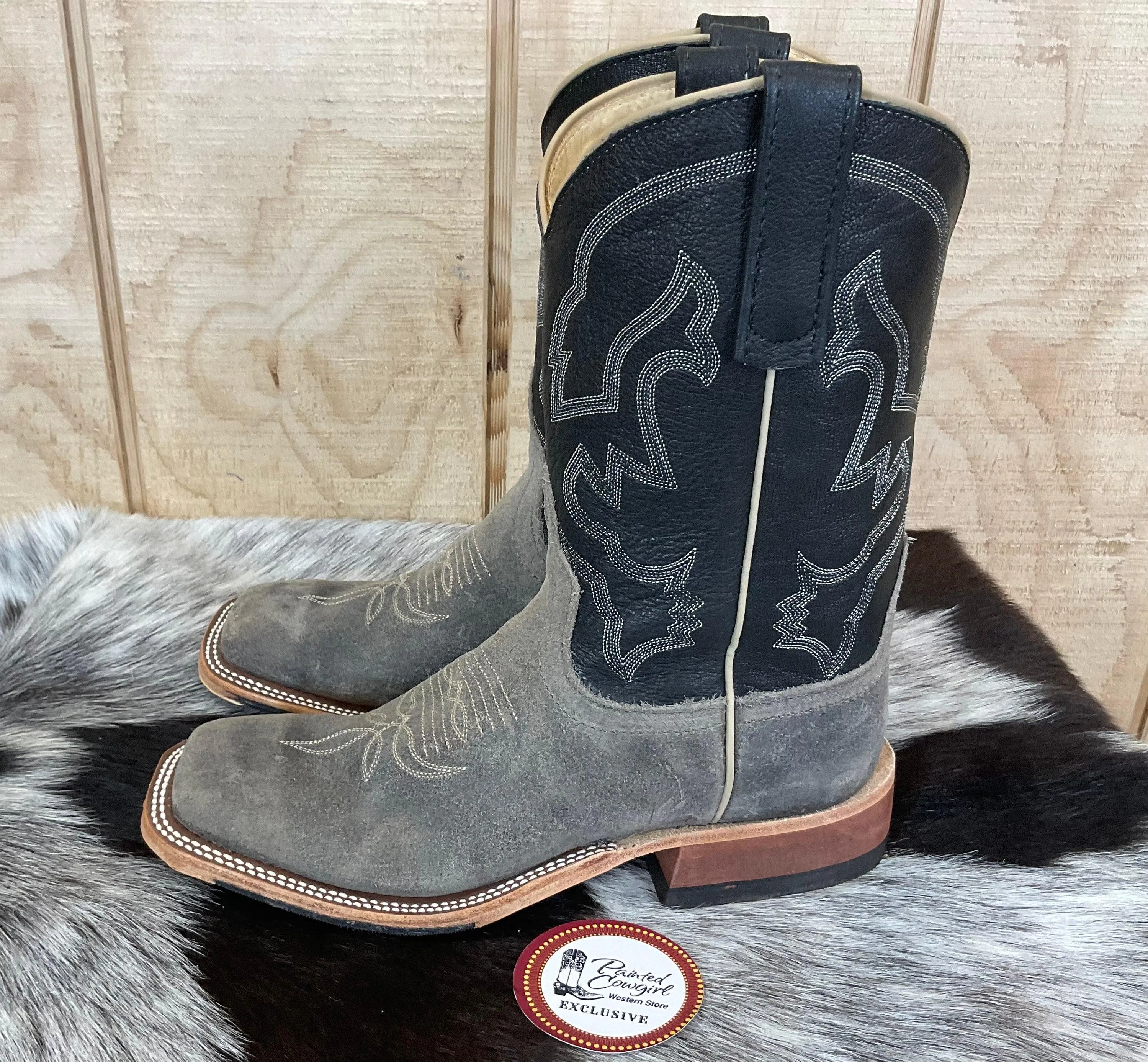 Anderson Bean Men's Stone Waxy Kudu & Black Suave Square Toe Cowboy Boots 333580