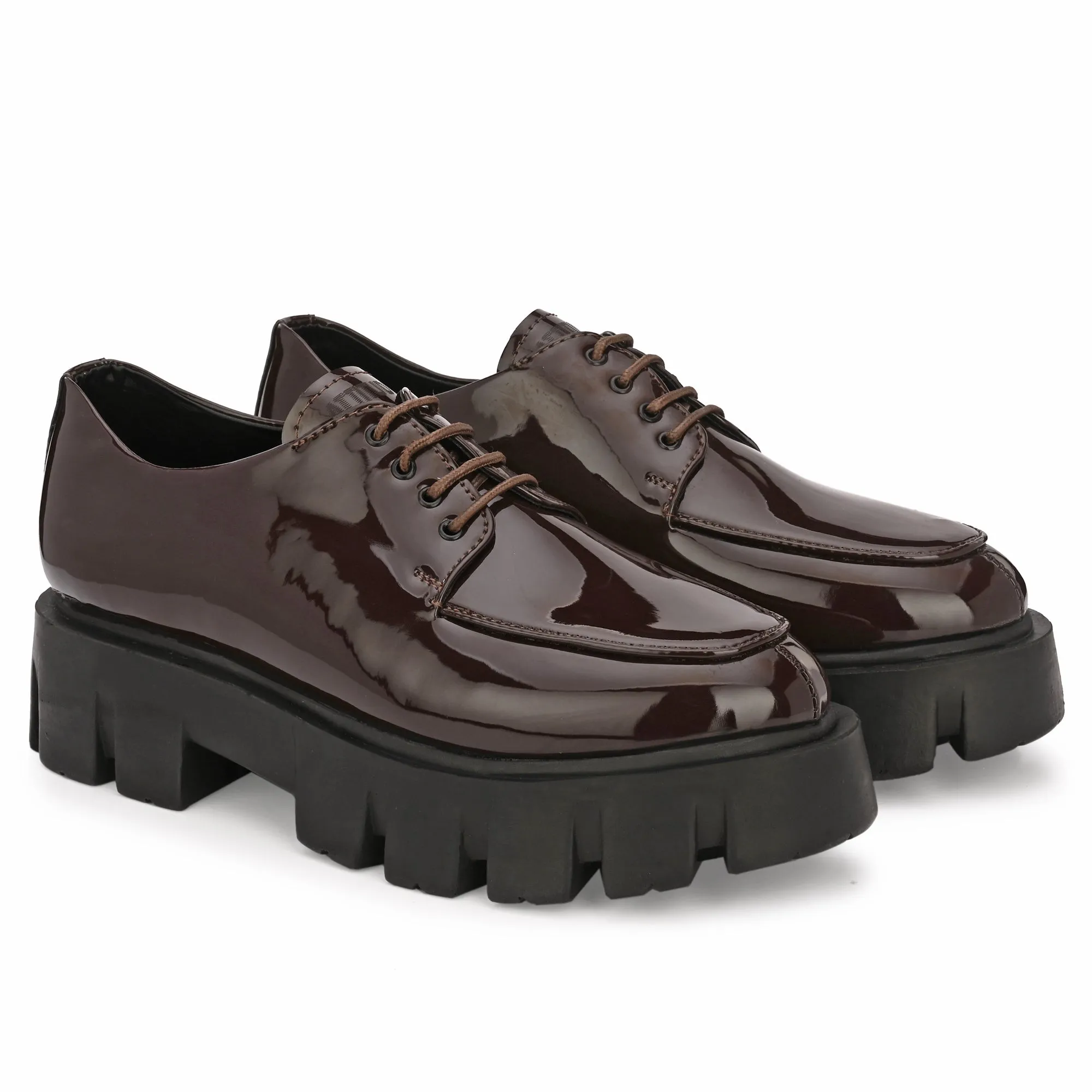 Attitudist Unisex Glossy Brown High Heel Derby Shoes