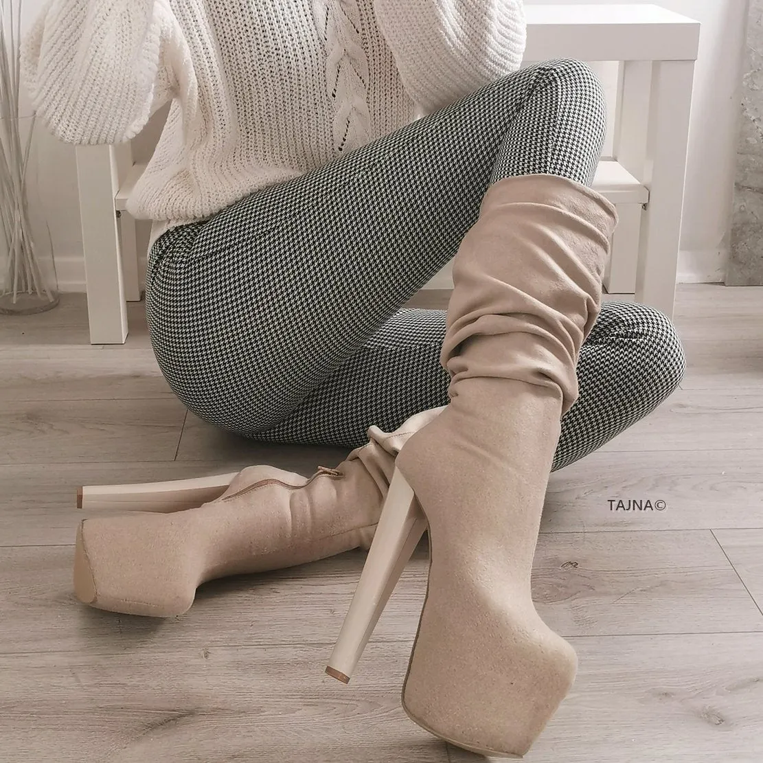 Beige Chunky Heel Mid-Calf Boots