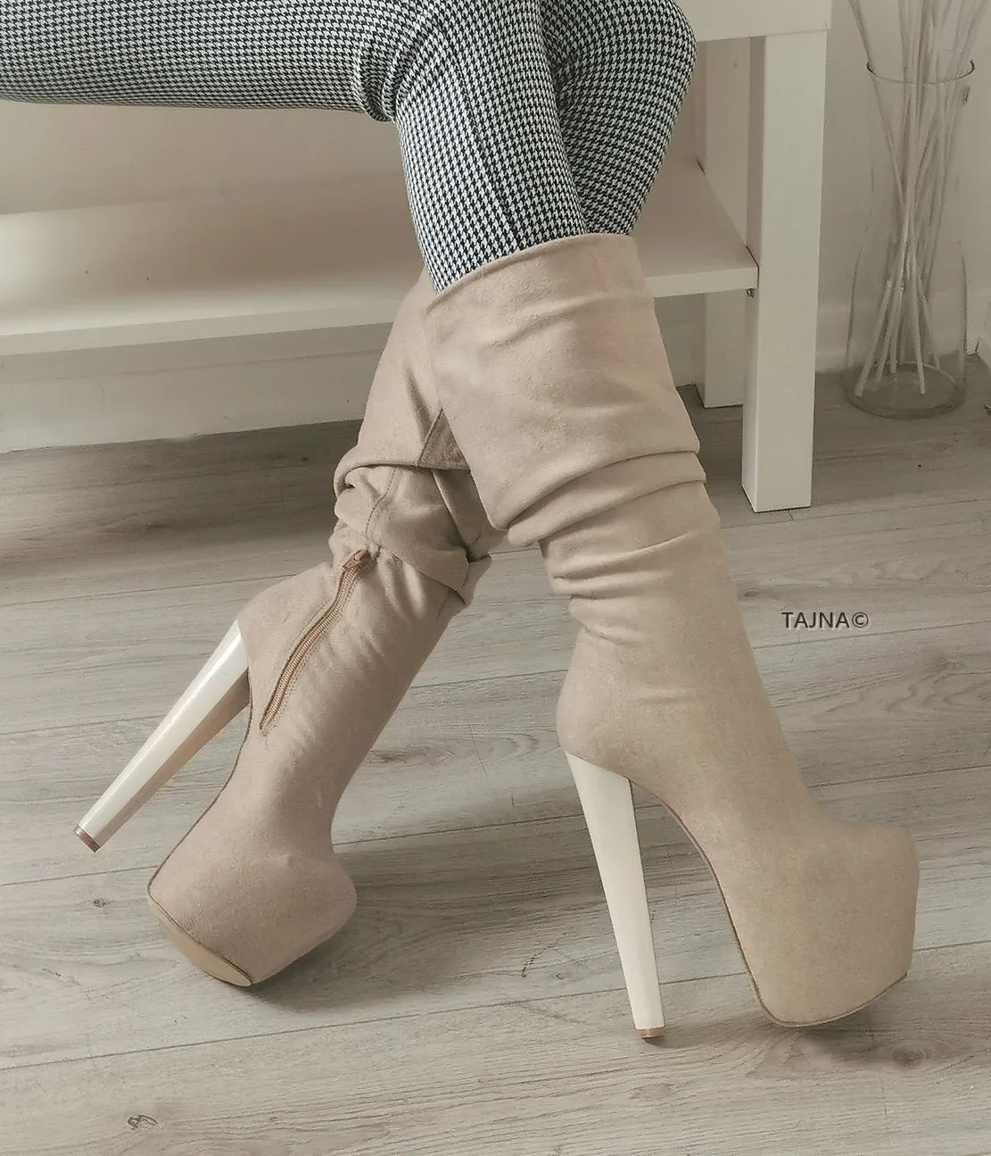 Beige Chunky Heel Mid-Calf Boots