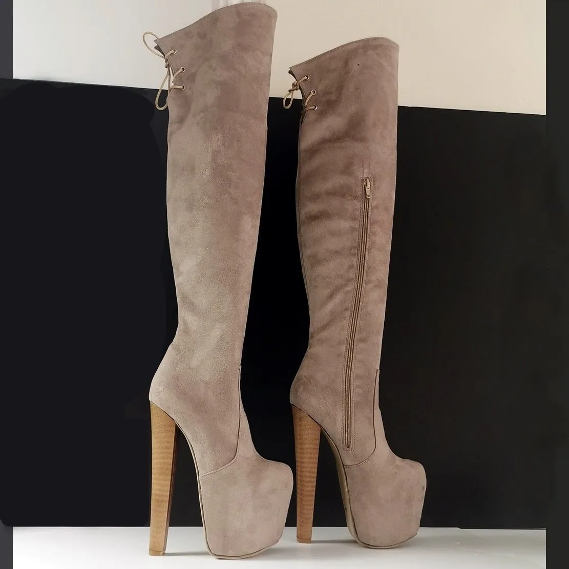 Beige Suede Chunky Heel Knee High Boots