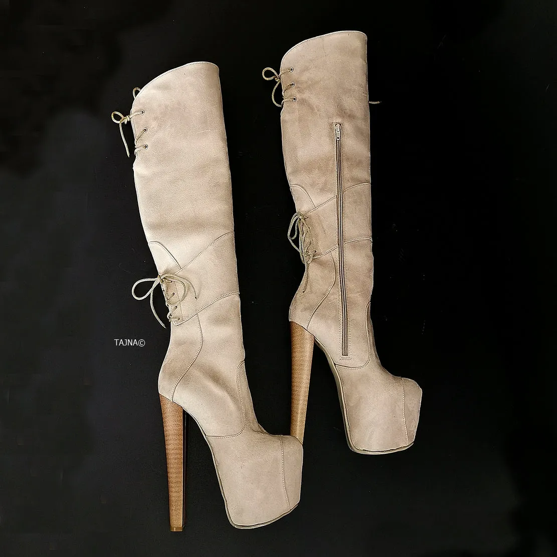 Beige Suede High Heel Over the Knee Boots