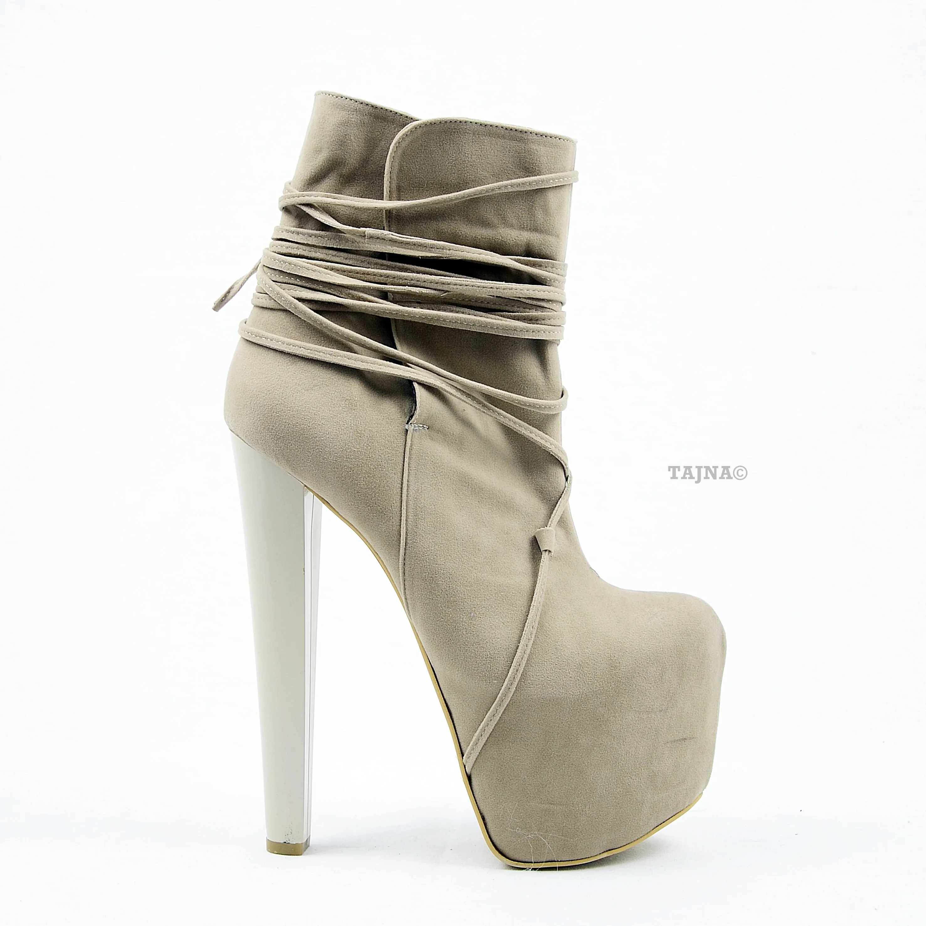 Beige Suede Lace Up High Heel Platform Boots