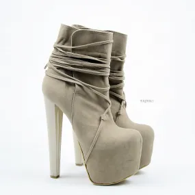 Beige Suede Lace Up High Heel Platform Boots