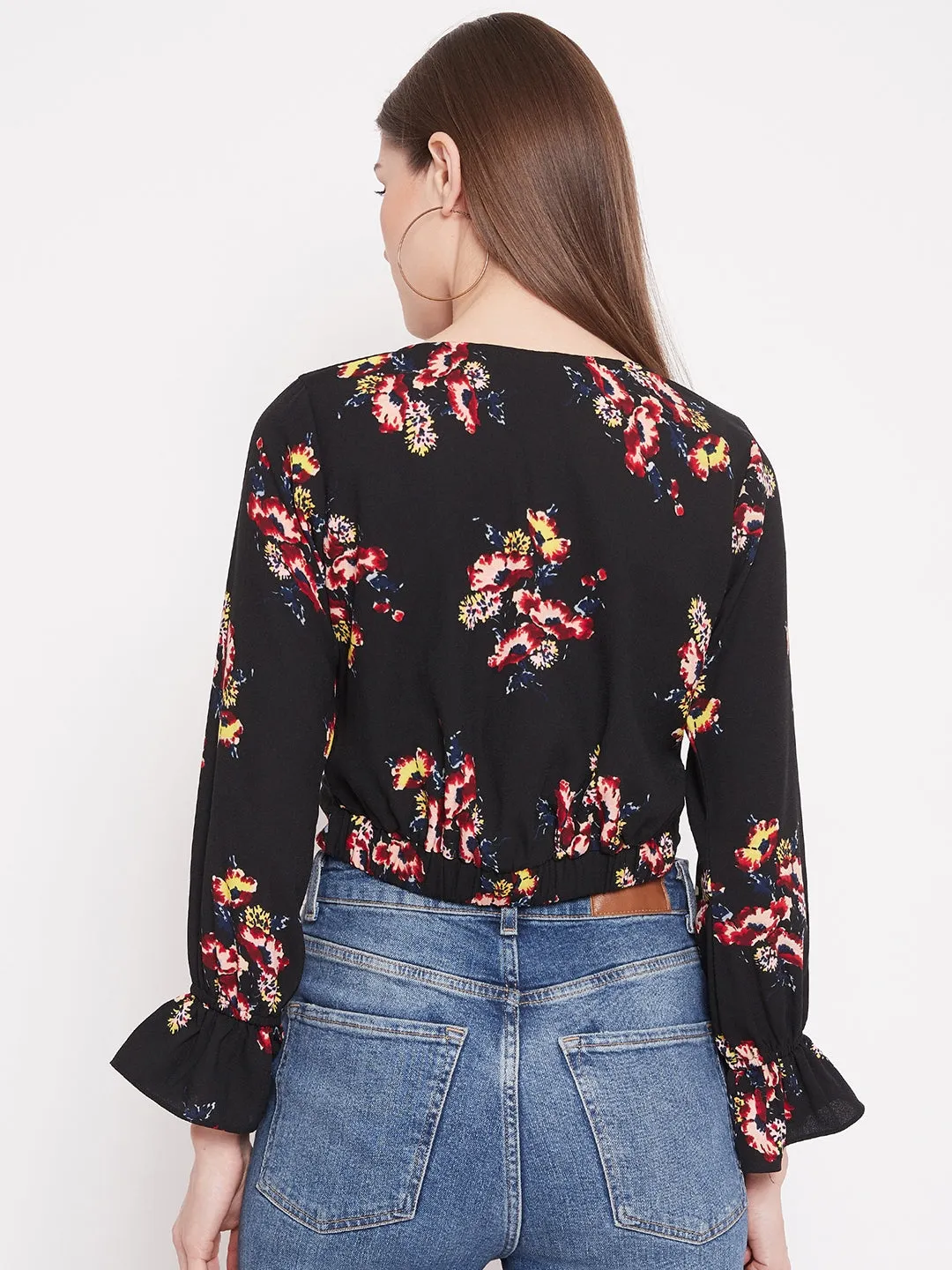 Berrylush Women Black Floral Print Front Twist-Knot V-Neck Top