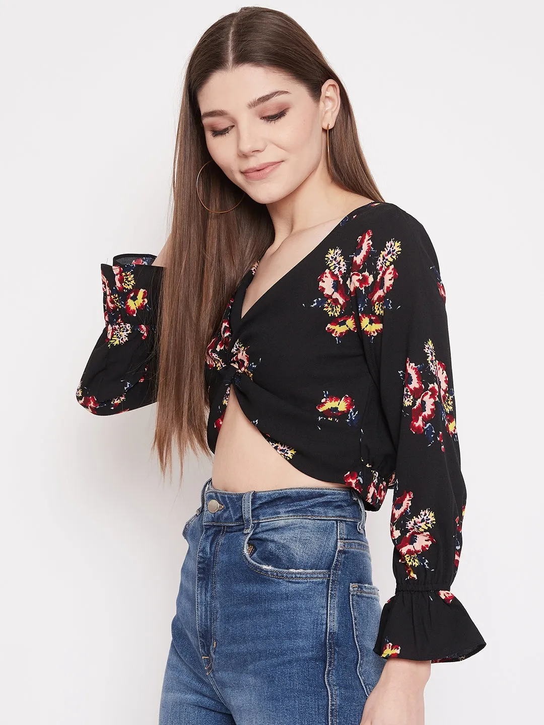 Berrylush Women Black Floral Print Front Twist-Knot V-Neck Top