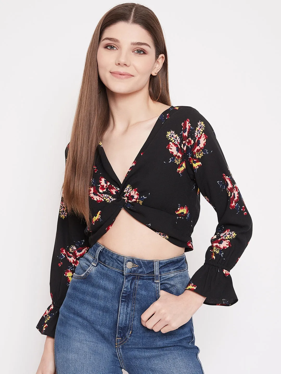 Berrylush Women Black Floral Print Front Twist-Knot V-Neck Top