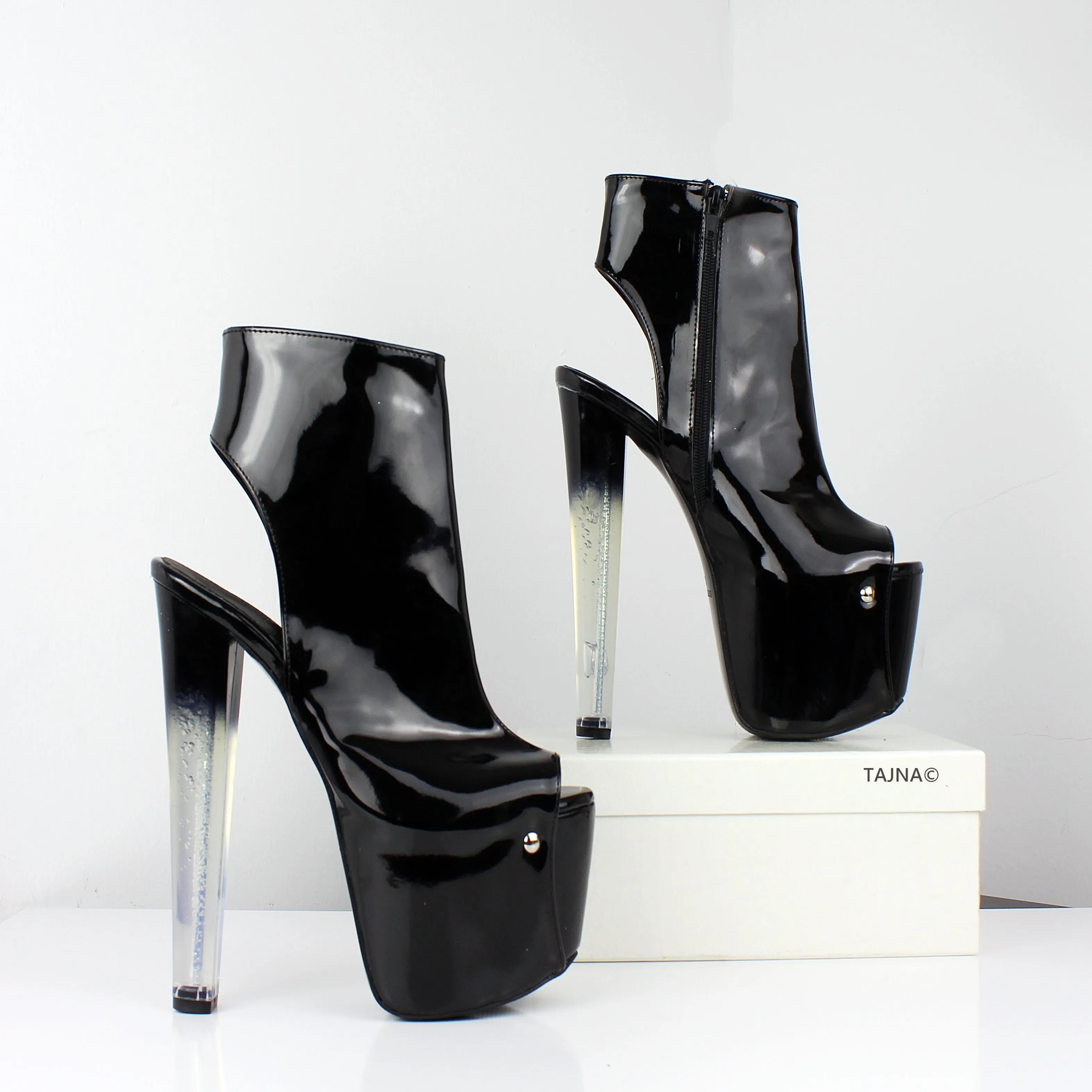 Black Ankle Glassy Heels Patent Open Back