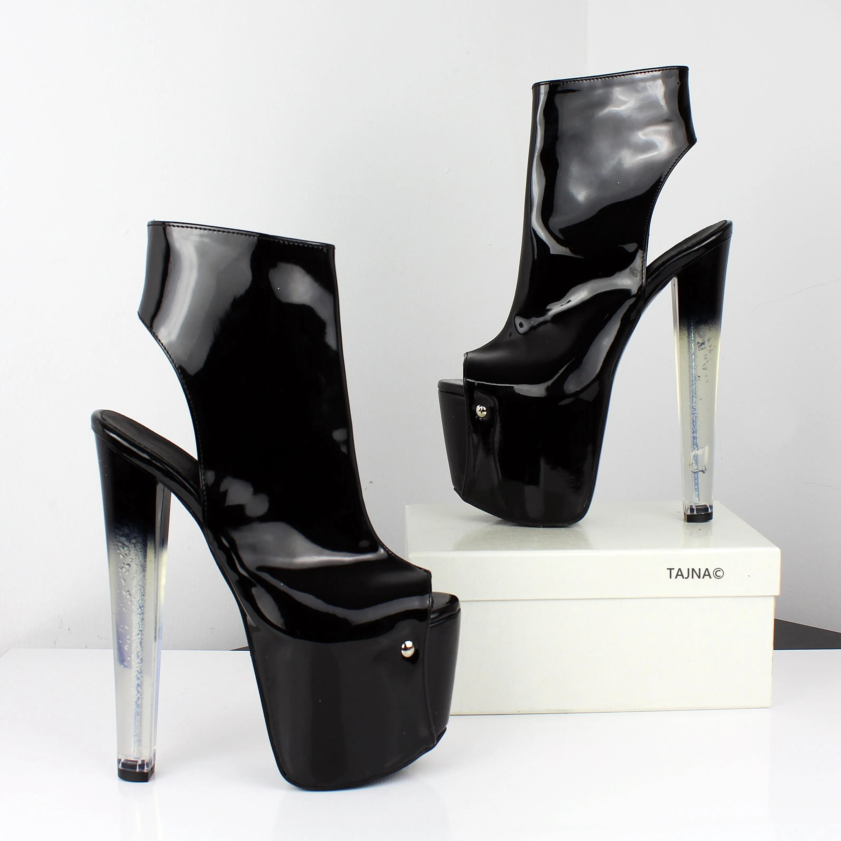 Black Ankle Glassy Heels Patent Open Back