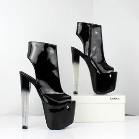 Black Ankle Glassy Heels Patent Open Back