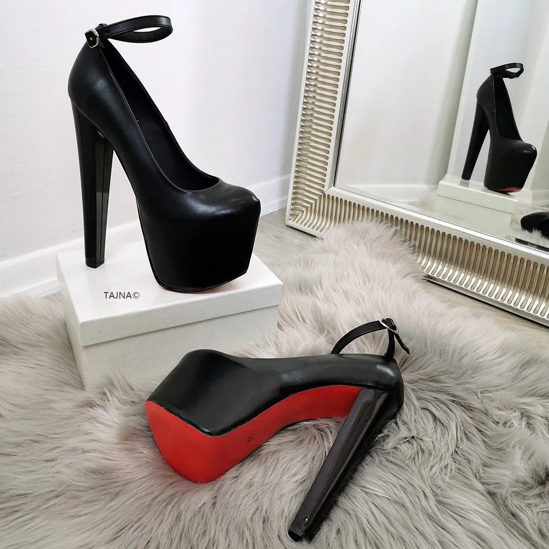 Black Ankle Strap Thick Heels