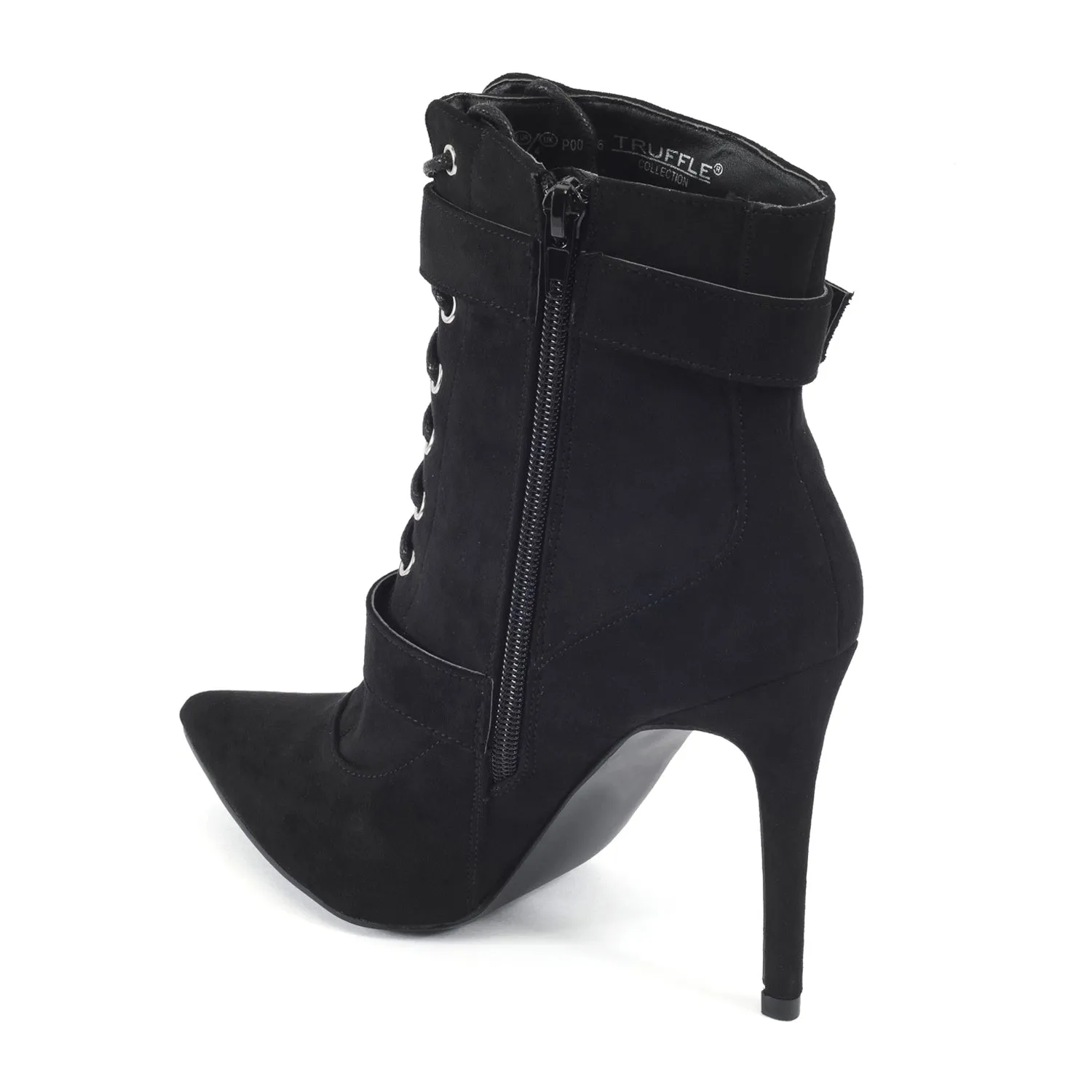 Black Buckle Detail Lace Up Ankle Boots