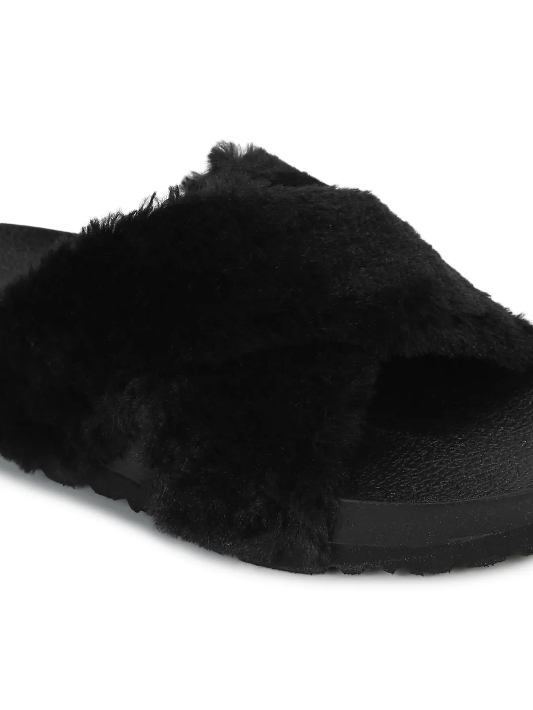 Black Fuzzy Fur Slides