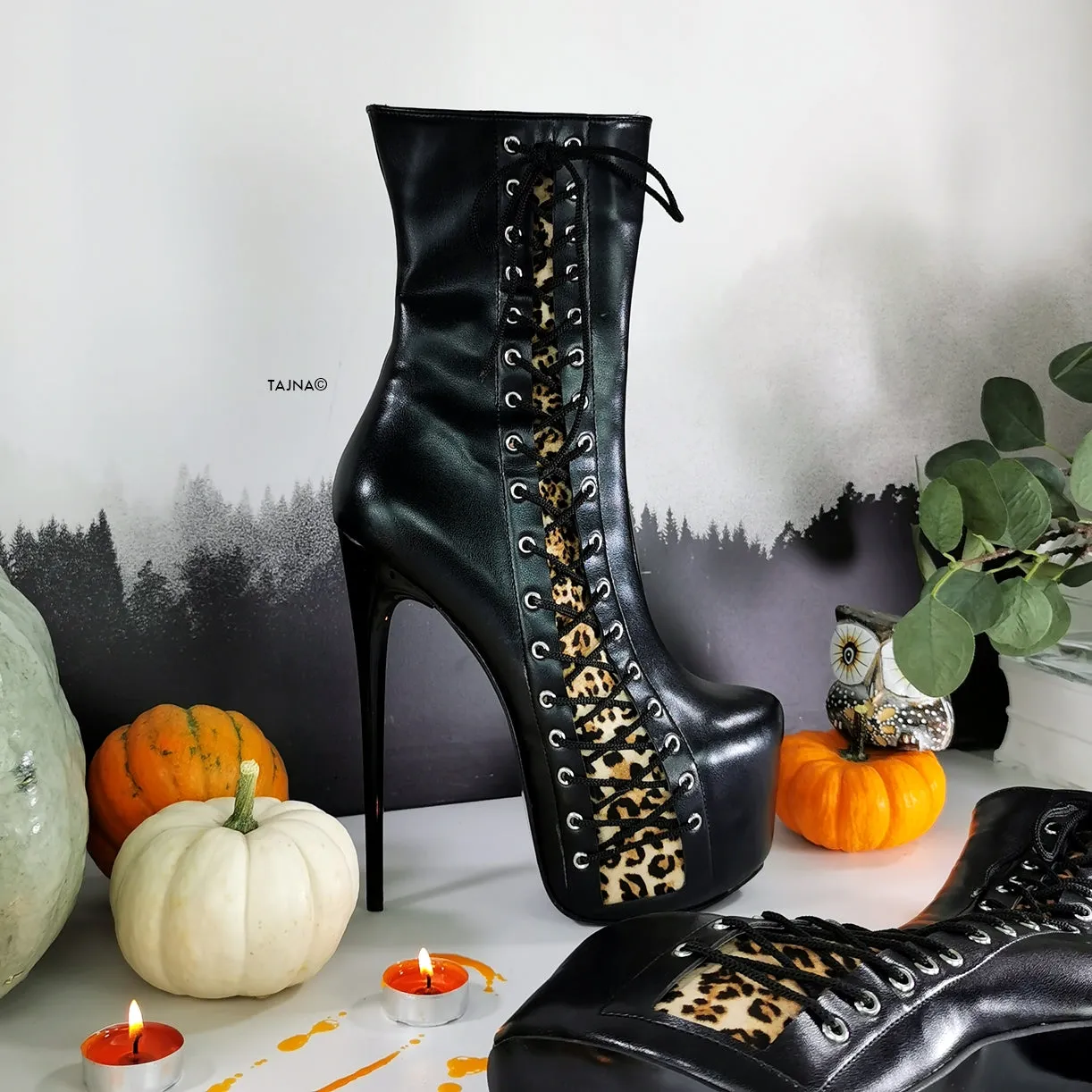 Black Leopard Corset High Heel Boots