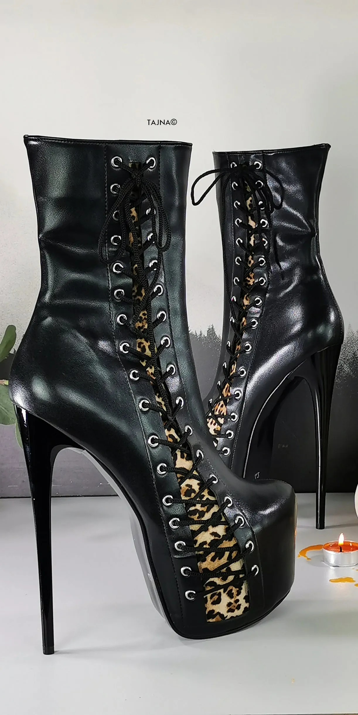 Black Leopard Corset High Heel Boots