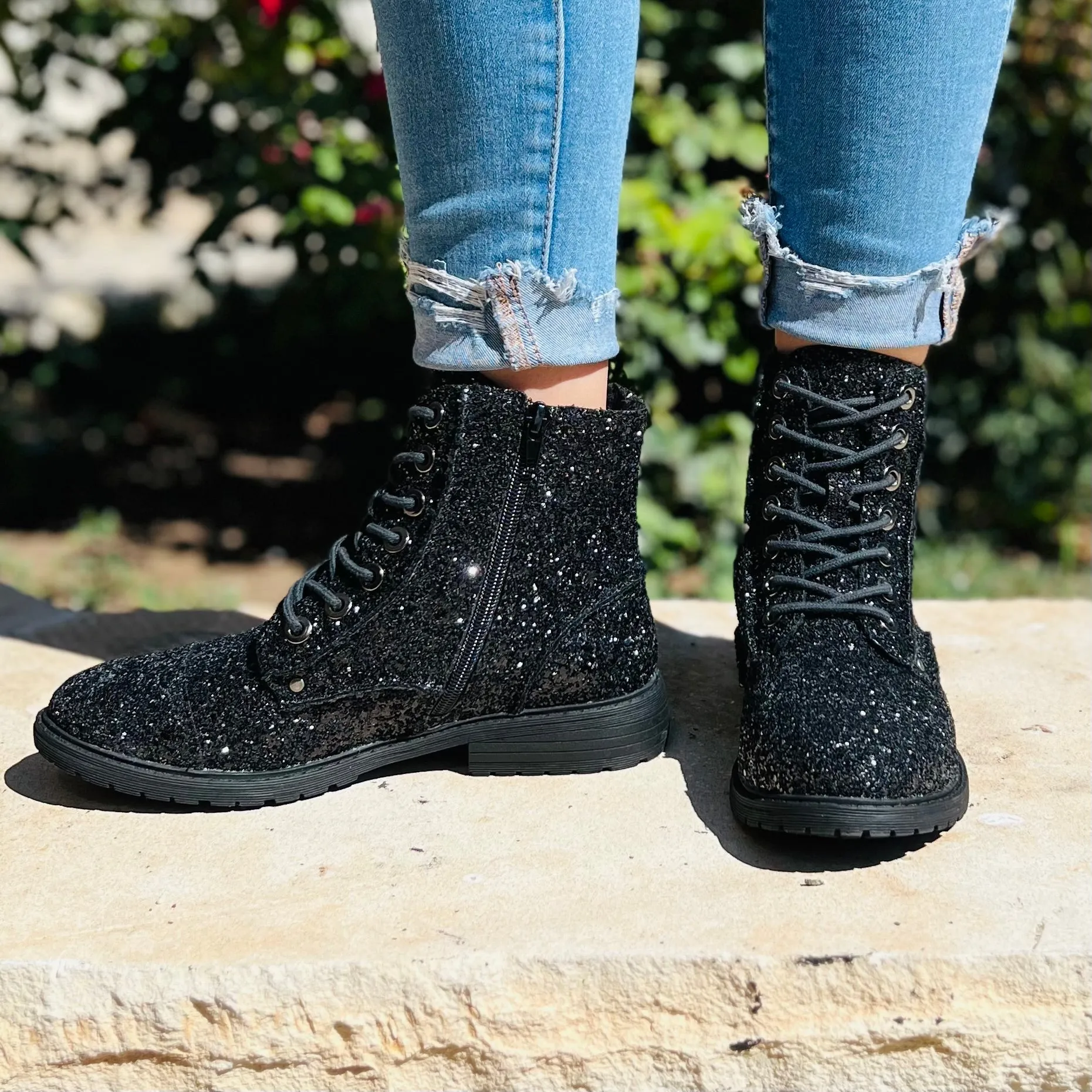 Black Magic Sequin Combat Boots*