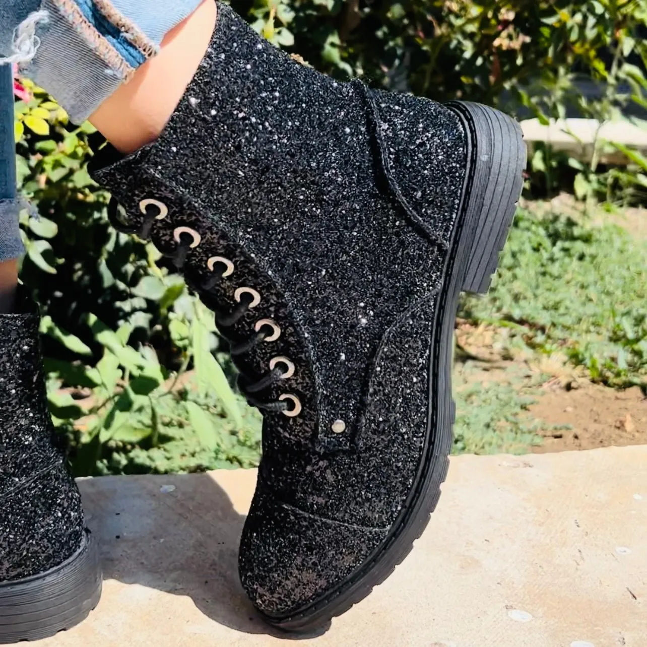 Black Magic Sequin Combat Boots*