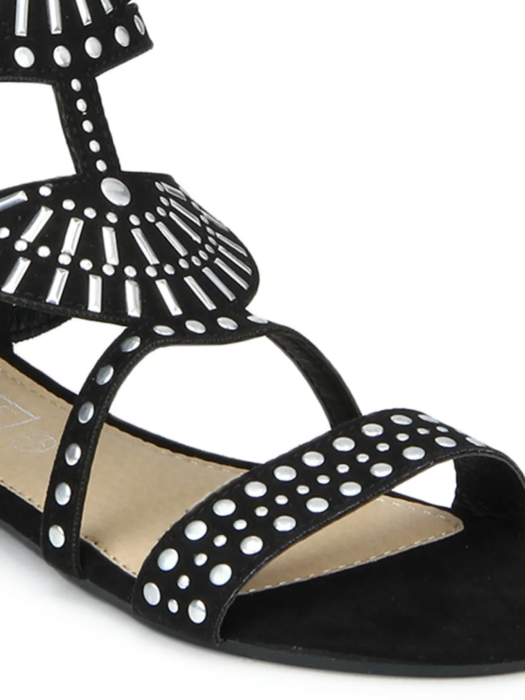 Black Micro Studded Ankle Strap Flat Sandals