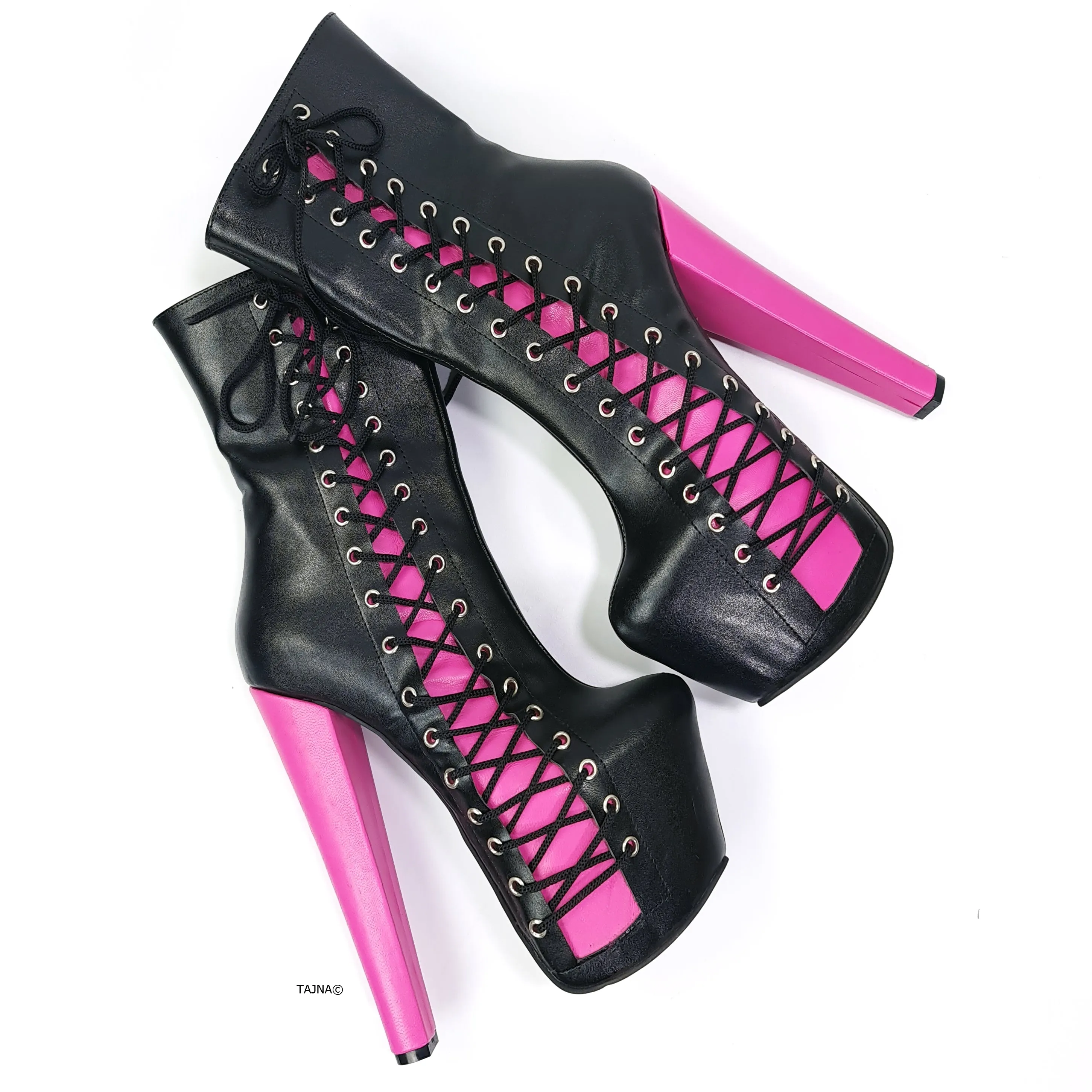 Black Pink Side Corset High Heel Boots