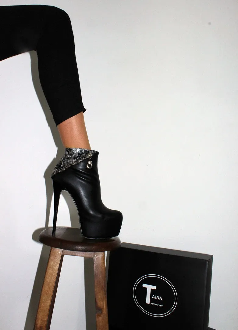 Black Snake High Heel Platform Booties