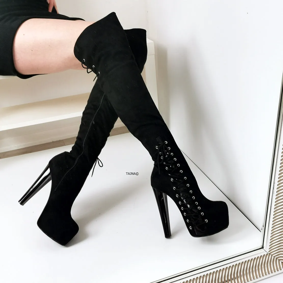 Black Suede Corset Style Knee High Boots