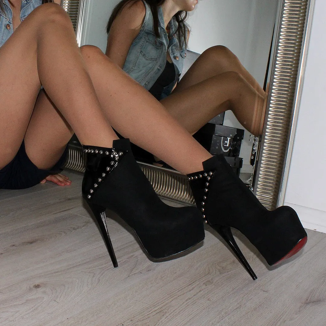 Black Suede Pin High Heel Platform Booties