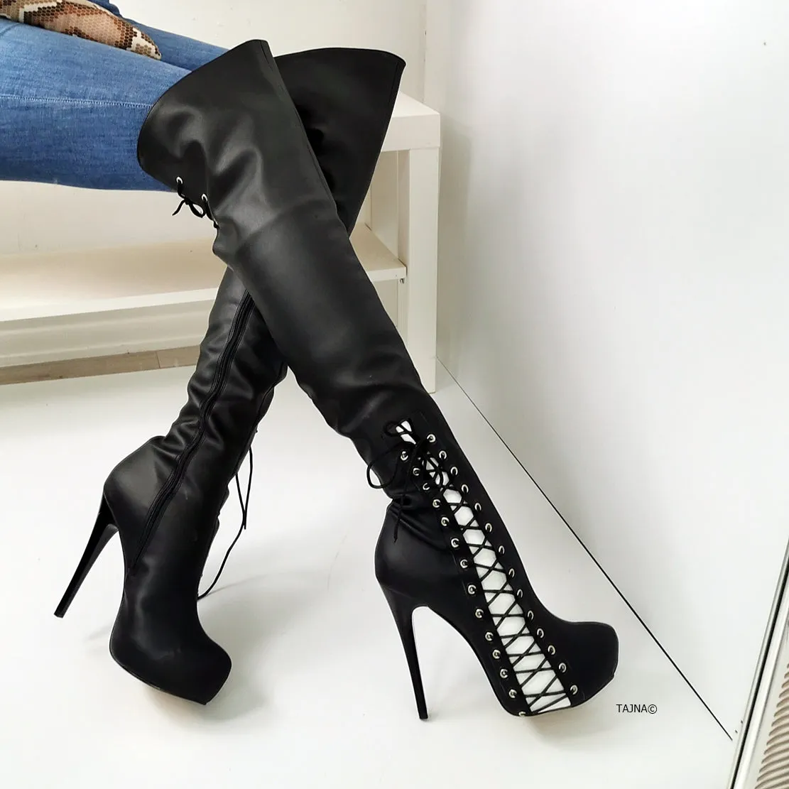 Black White Matte Corset Style Knee High Boots