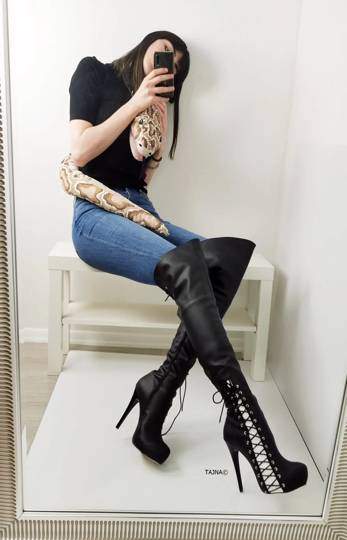 Black White Matte Corset Style Knee High Boots