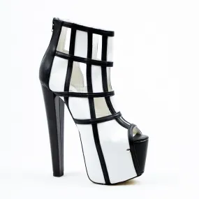 Black White Square Ankle High Heel Platform s