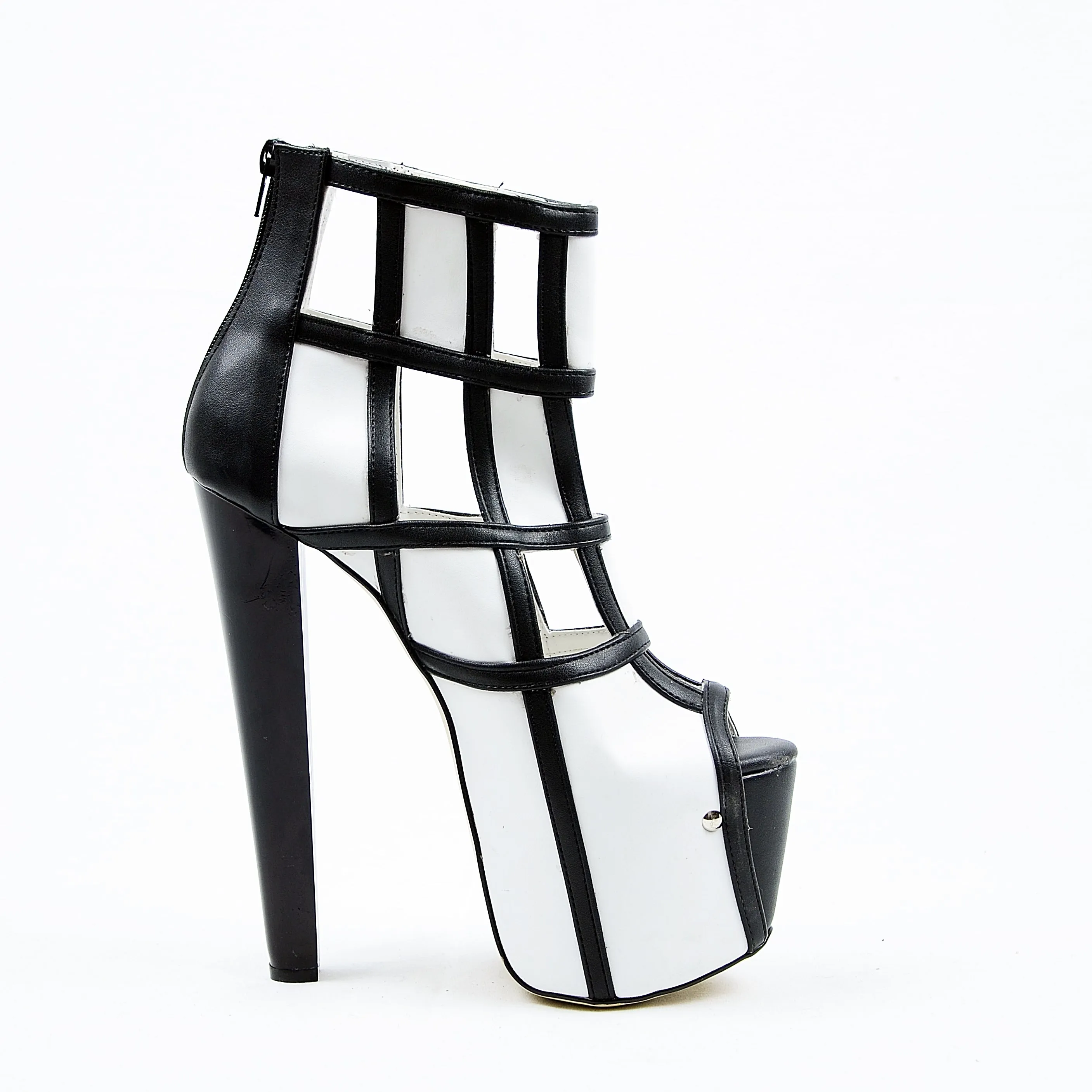 Black White Square Ankle High Heel Platform s