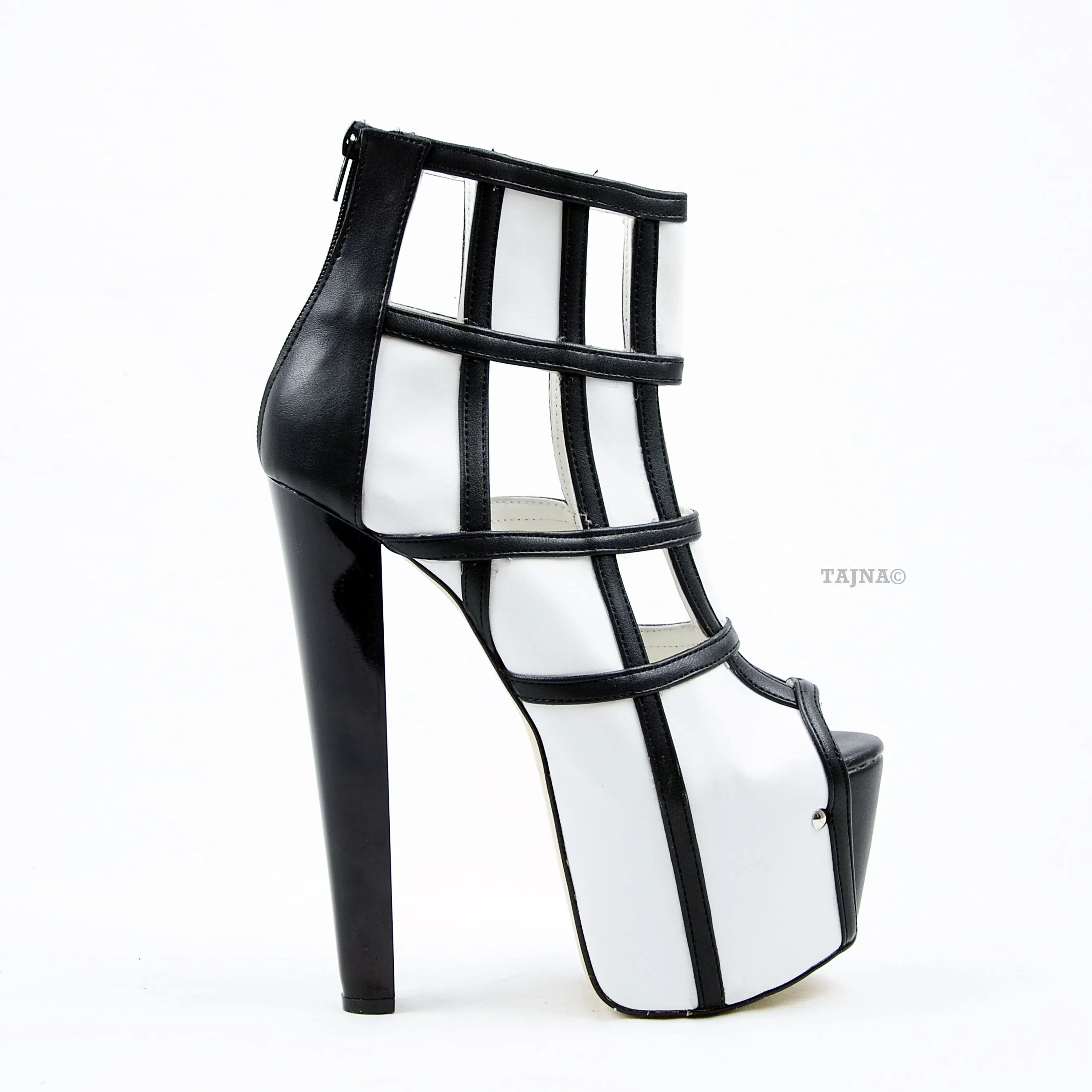 Black White Square Ankle High Heel Platform s