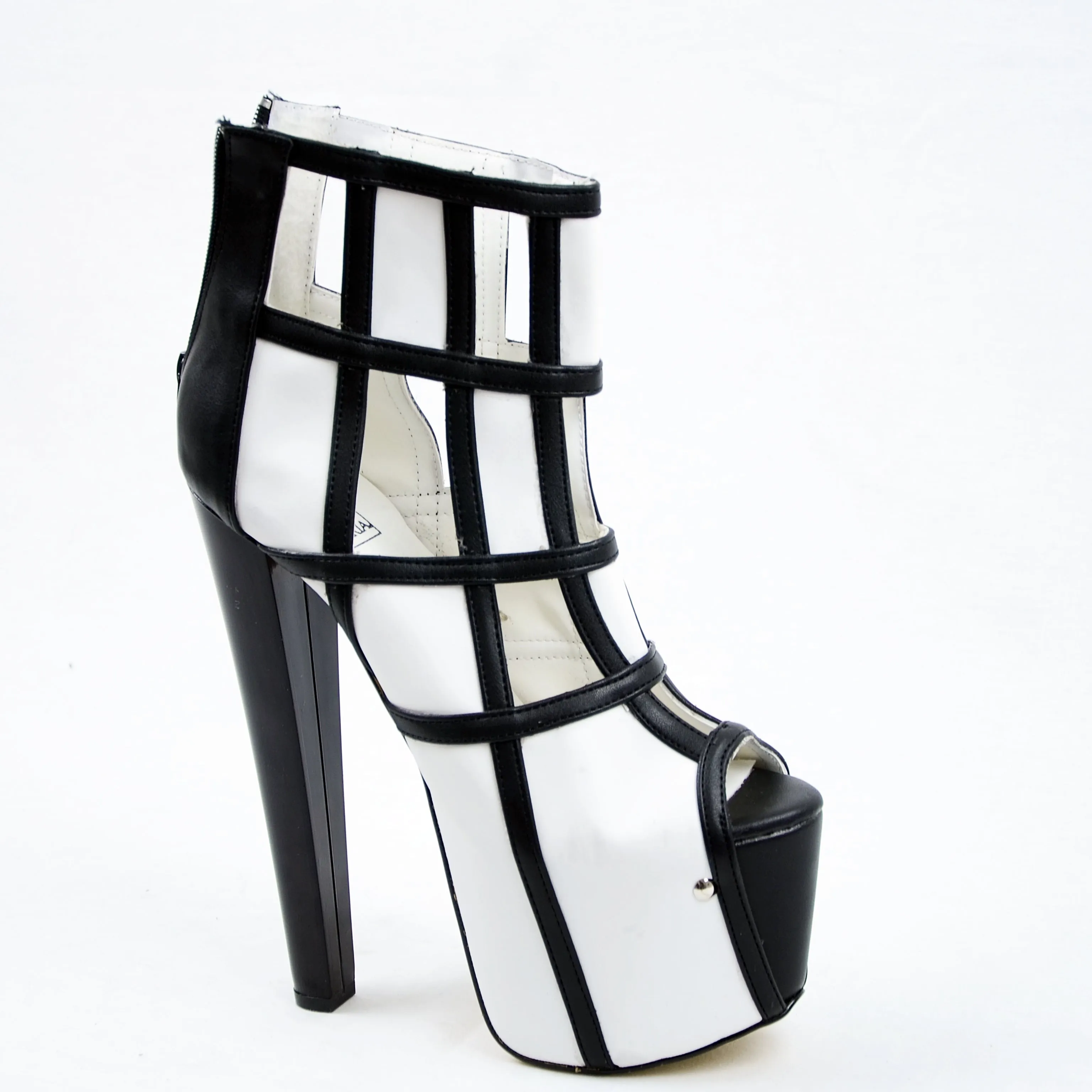 Black White Square Ankle High Heel Platform s