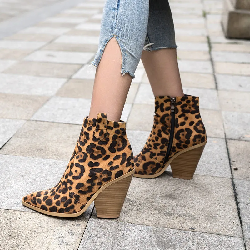 Block heel high heel pointed toe boots