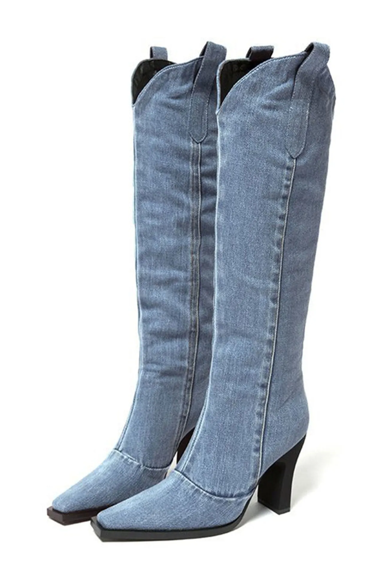 Blue Pointed-Toe Knee-High Denim Boots