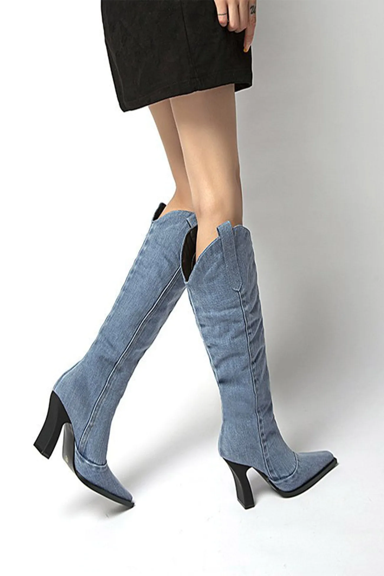 Blue Pointed-Toe Knee-High Denim Boots