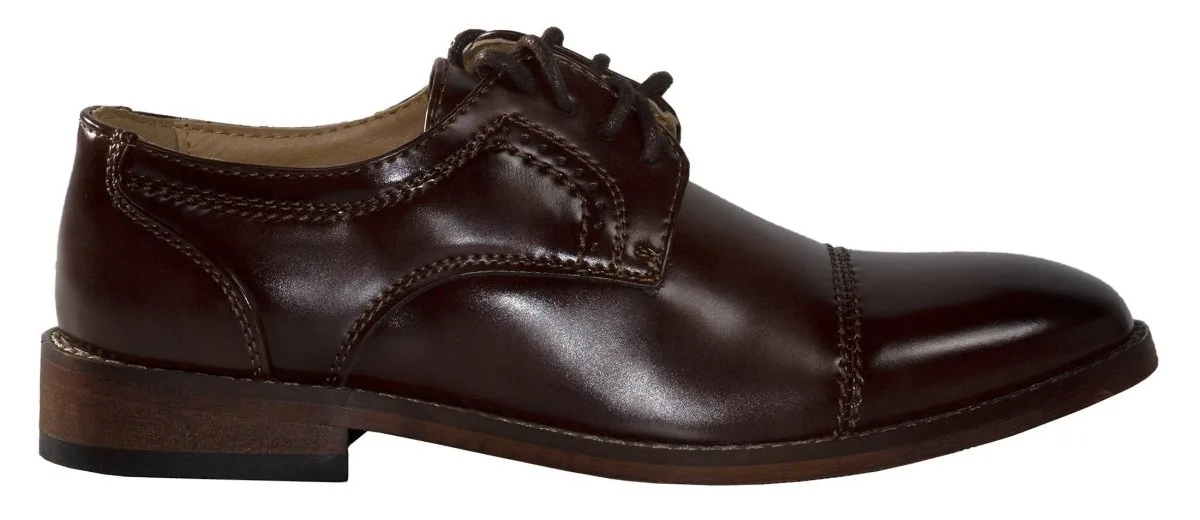 Boys Matte Brown Cap Toe Lace up Dress Shoes