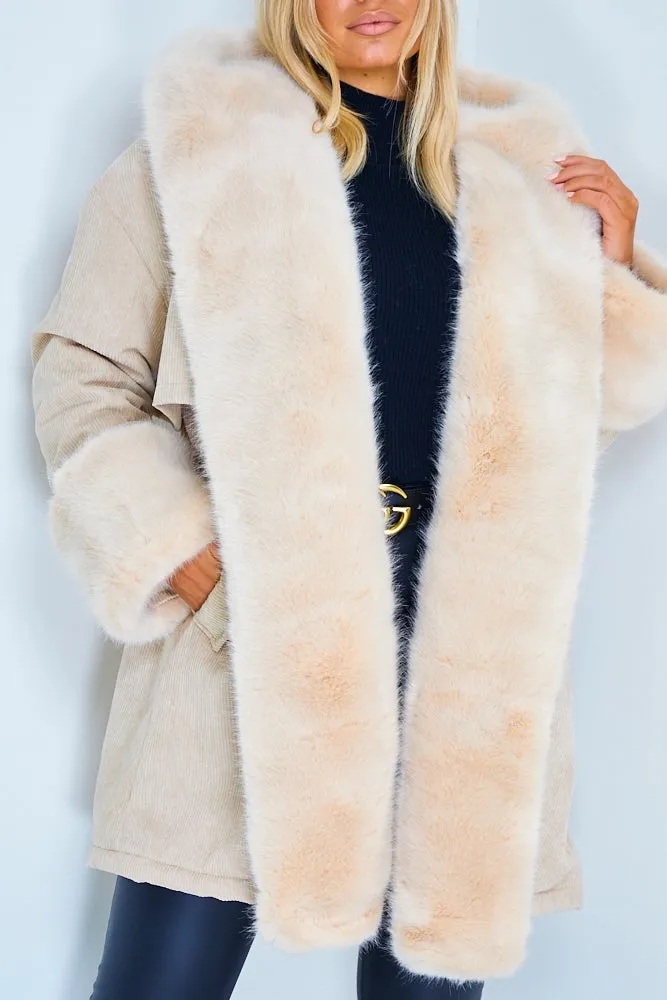 Cacia Cream Cord Ribbed Faux Fur Trim Coat