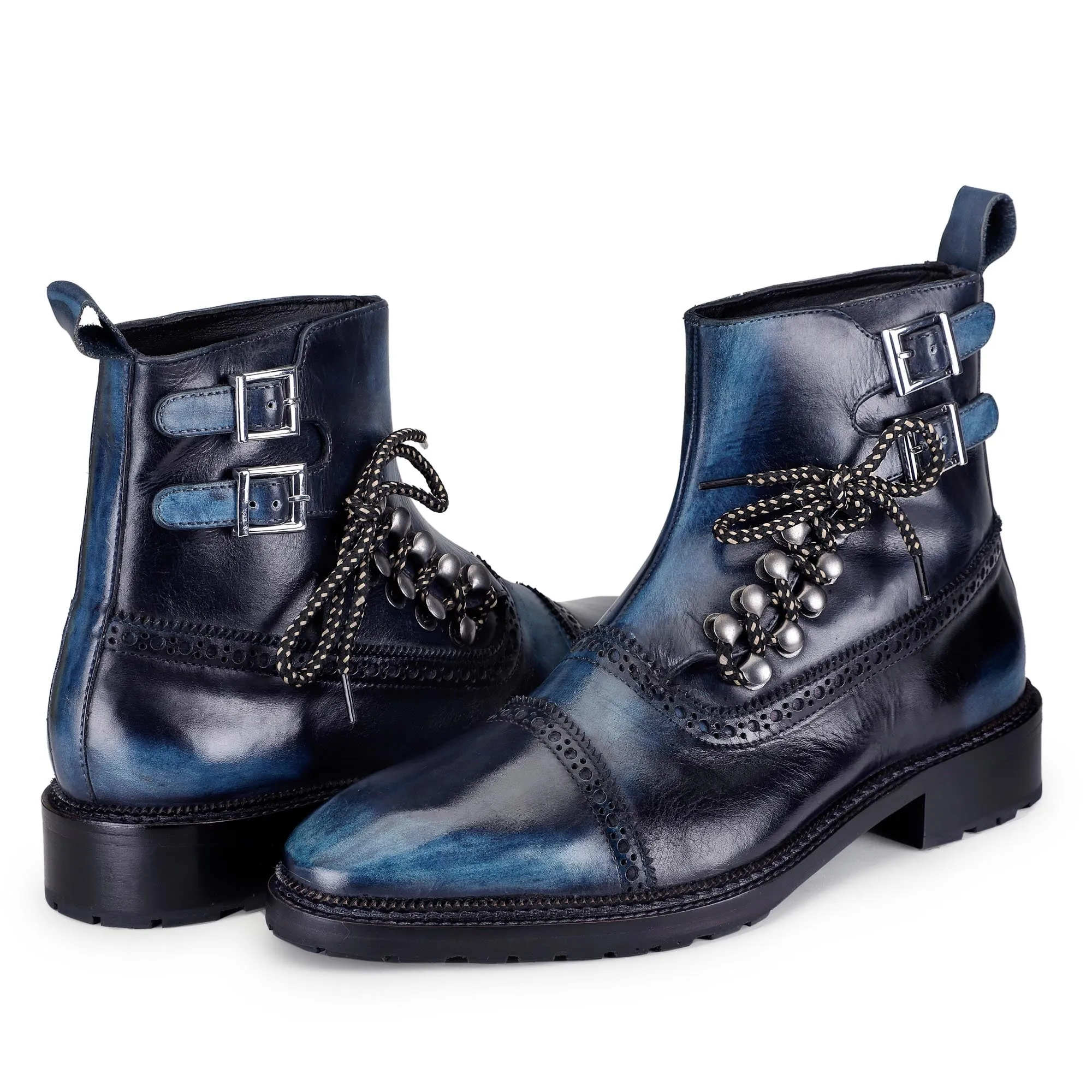 Cap Toe Lace up Boots - Navy