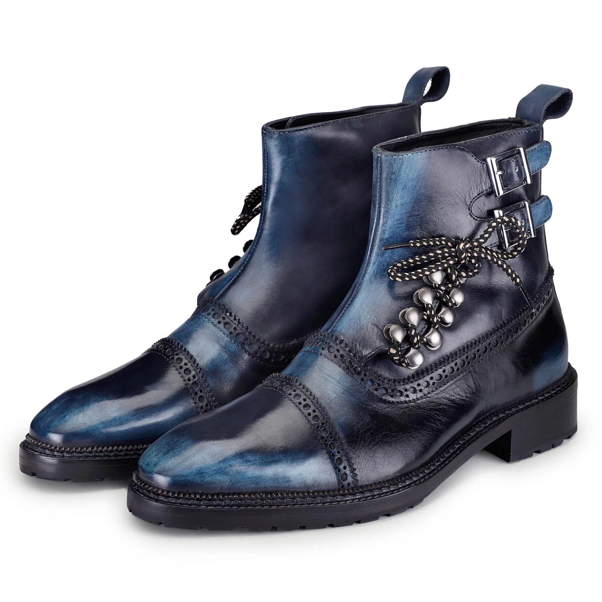 Cap Toe Lace up Boots - Navy