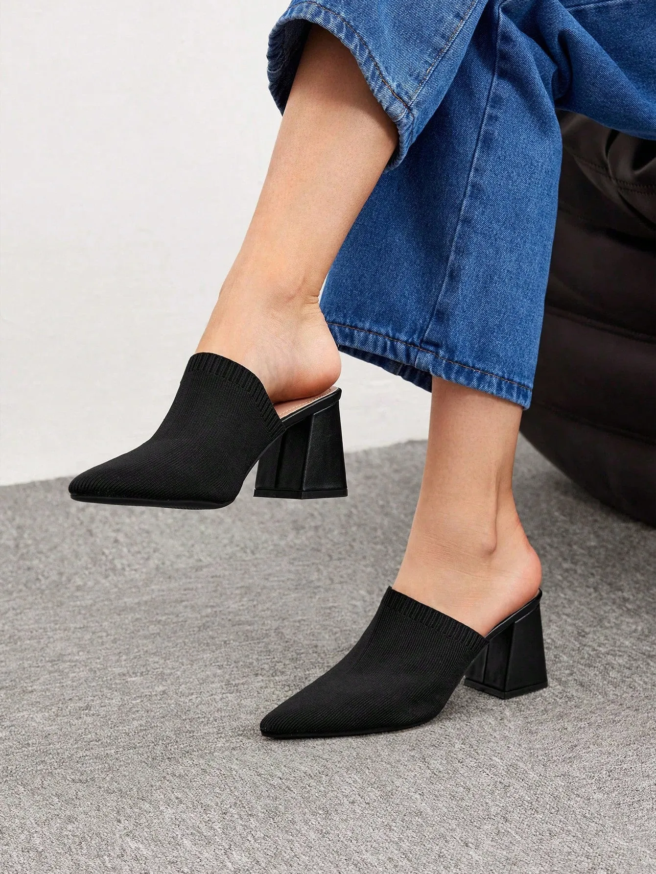 CUCCOO BIZCHIC Woman Shoes Knit Detail Point Toe Chunky Mules For Spring And Summer Vacation Shoes Summer Sale Back To School Shoes College Student Shoes