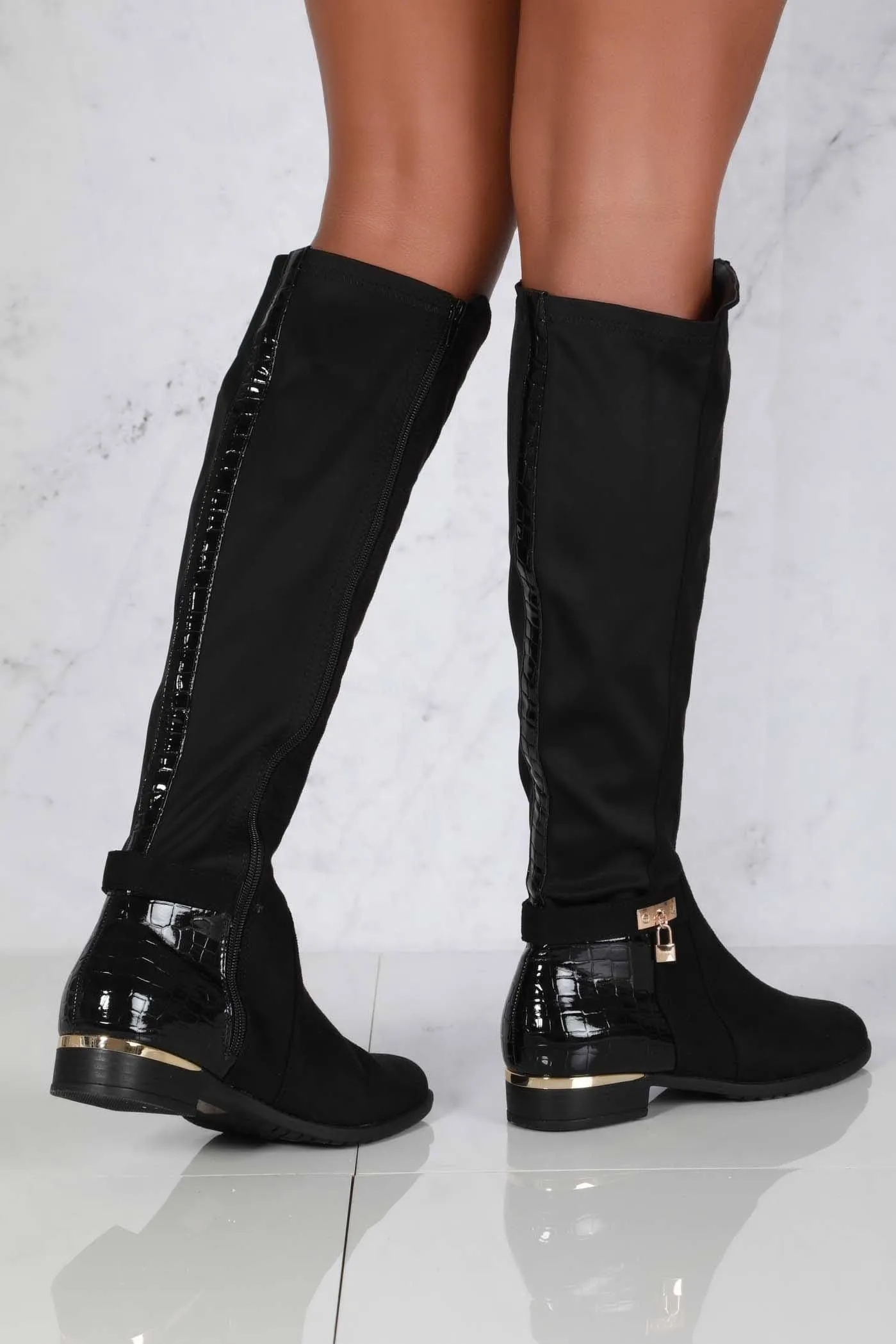 Daphine Knee High Lock Detail Boot in Black Suede