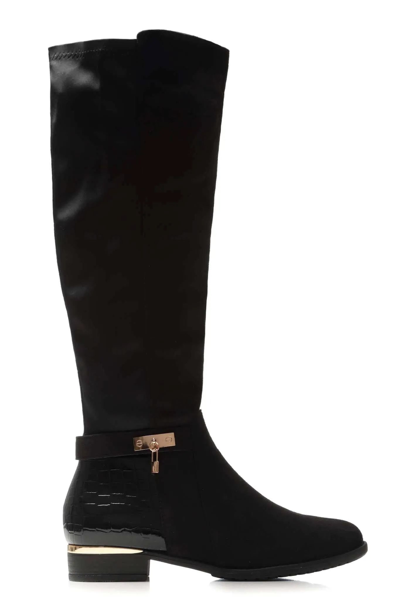 Daphine Knee High Lock Detail Boot in Black Suede