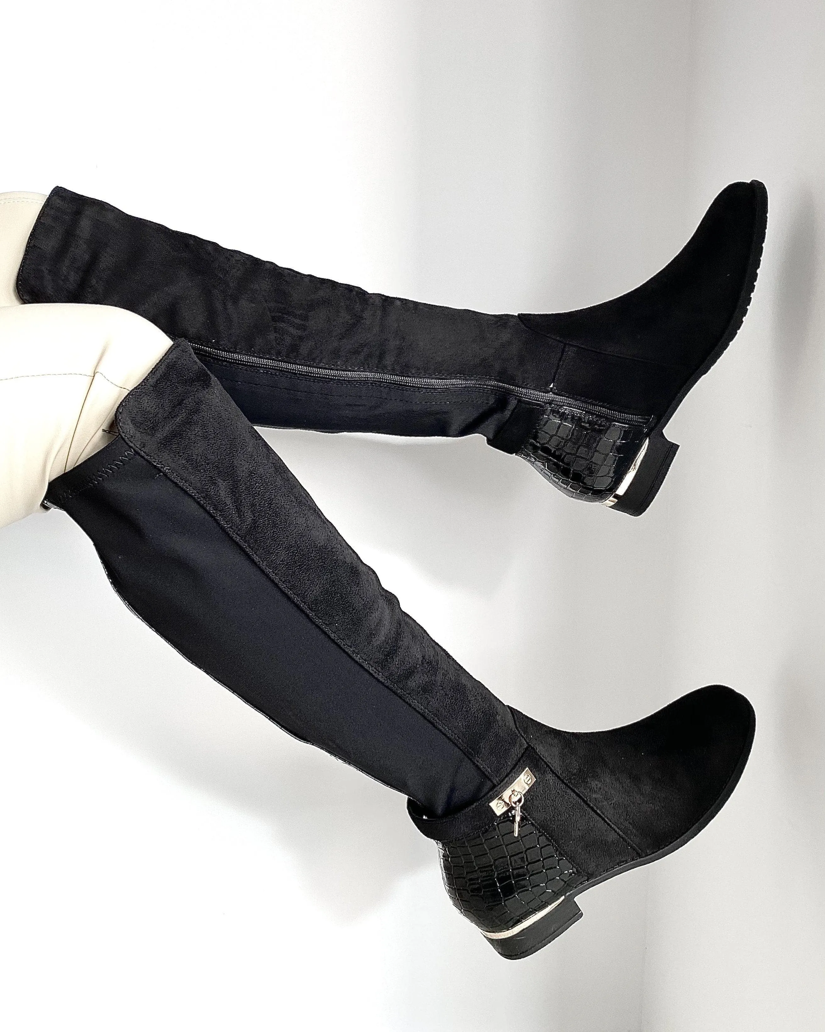 Daphine Knee High Lock Detail Boot in Black Suede