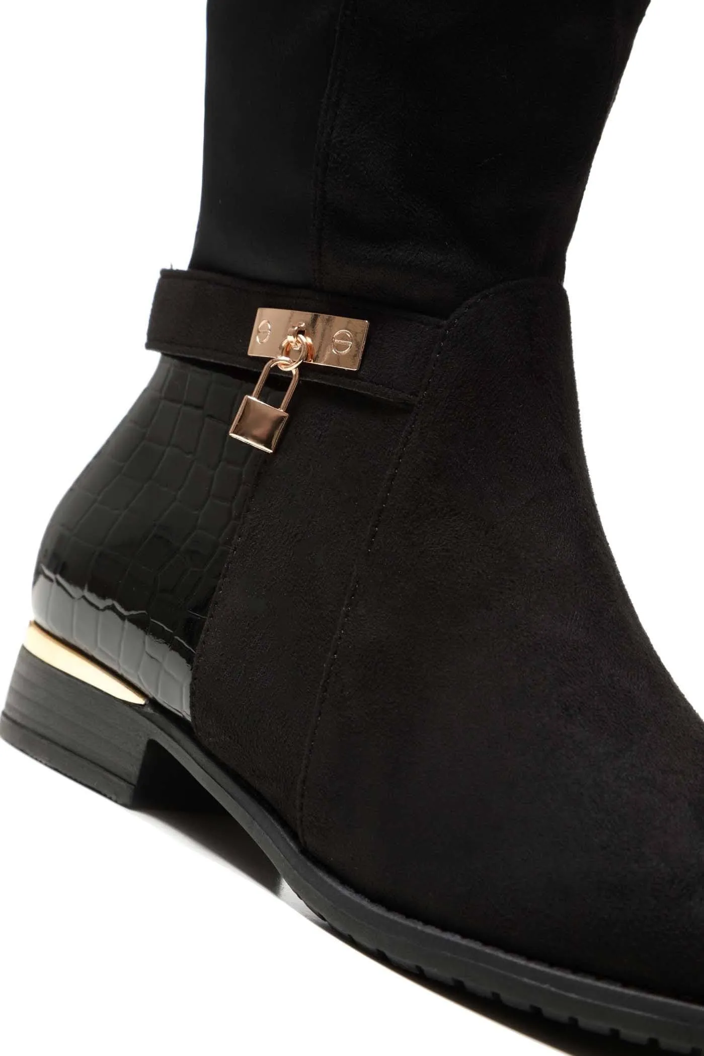 Daphine Knee High Lock Detail Boot in Black Suede