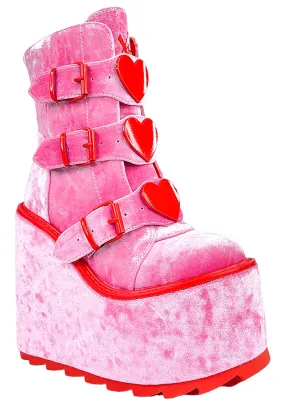 Dune Lo Heart Velvet Platform Boots in Pink Red