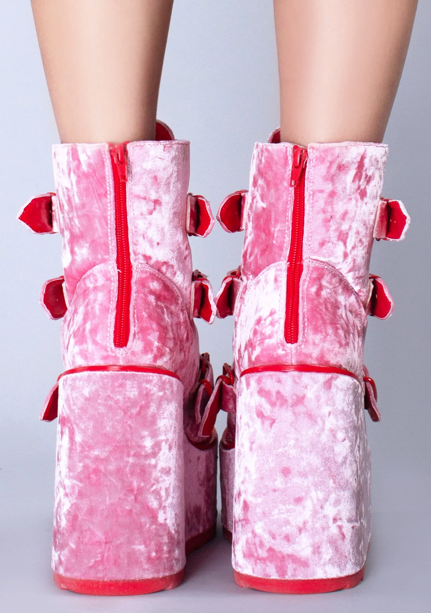 Dune Lo Heart Velvet Platform Boots in Pink Red