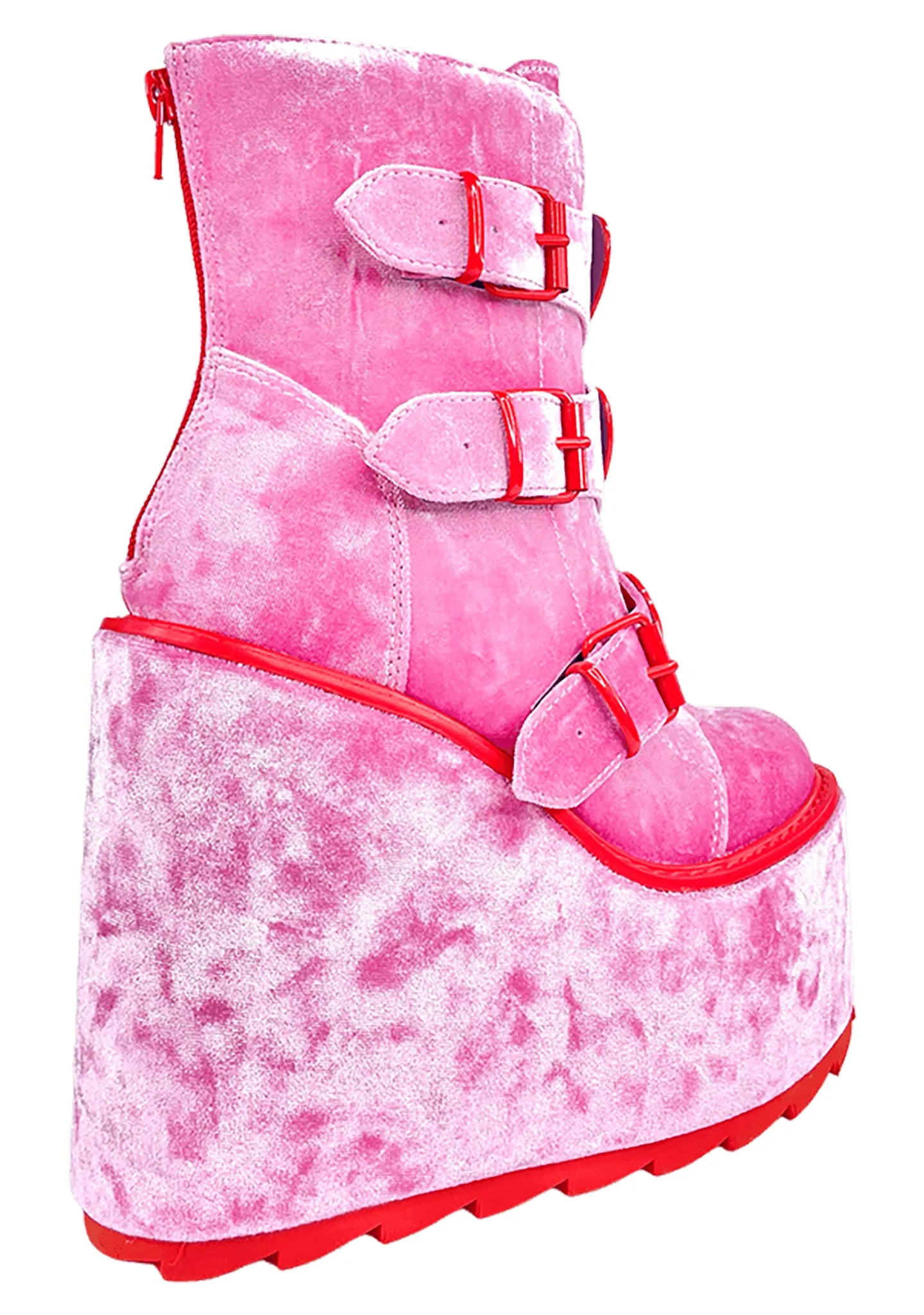 Dune Lo Heart Velvet Platform Boots in Pink Red