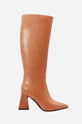 Erthel Pointed Toe Structured Block Heel Knee High Boots in Tan