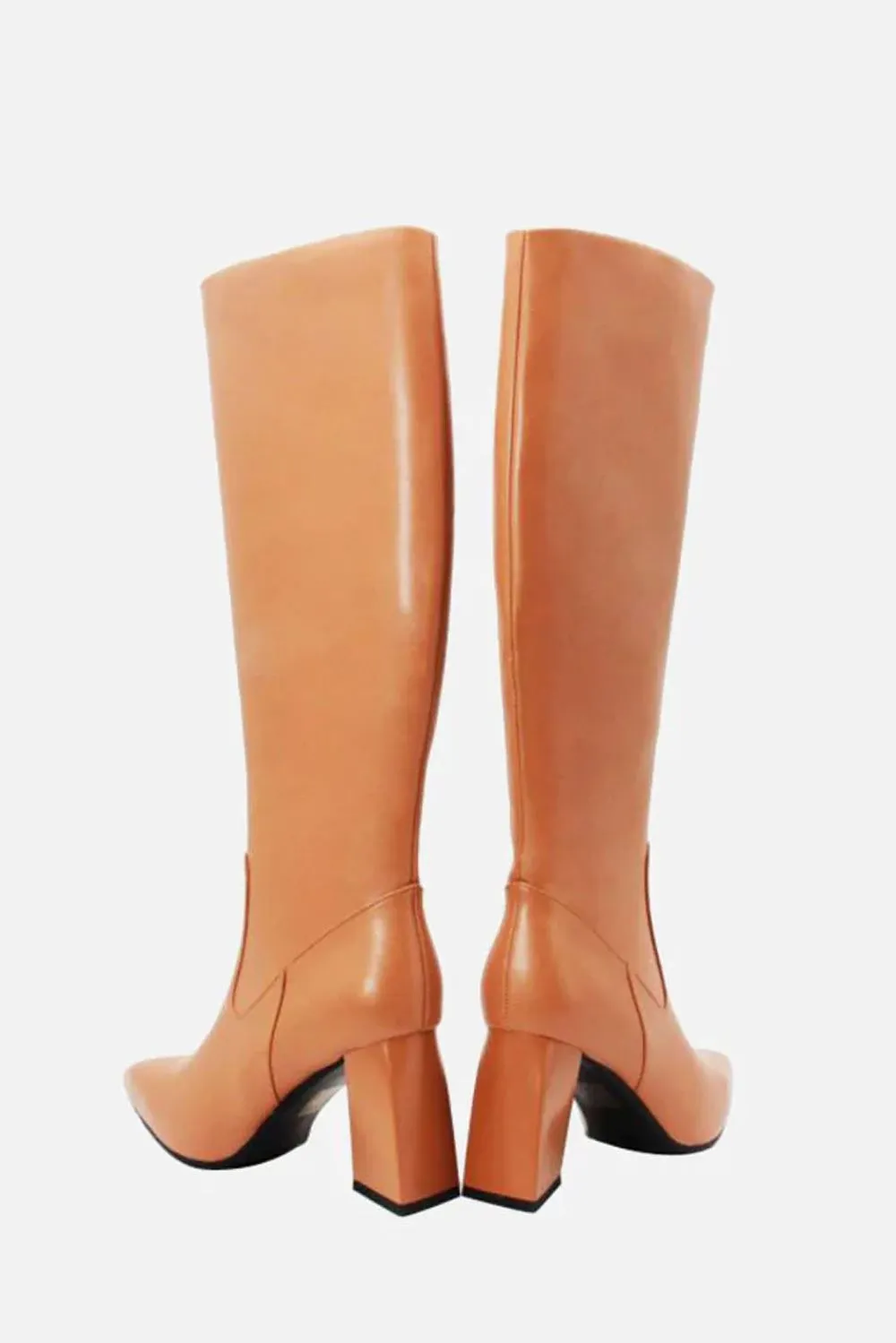 Erthel Pointed Toe Structured Block Heel Knee High Boots in Tan